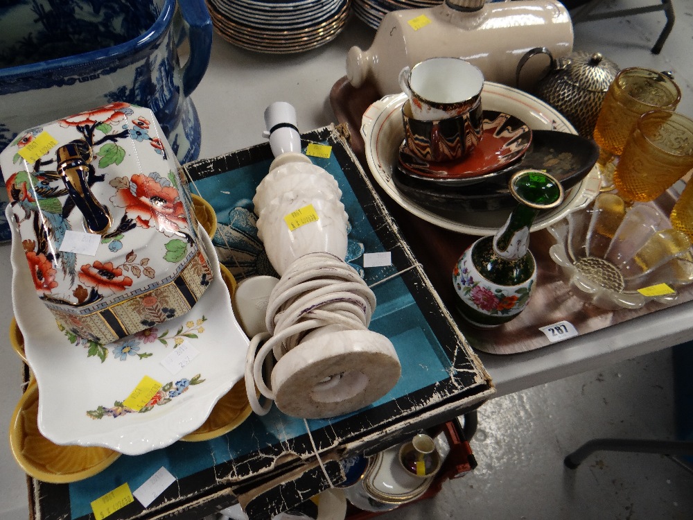 Tray of mixed china & glassware including stoneware hot water bottle, green painted glass vase,