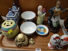 Tray of mainly Oriental ceramics, figures etc