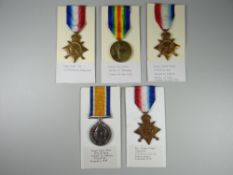 GROUP OF FIVE WWI PERIOD MEDALS to include three 1914-15 Stars, Victory medal & General War medal
