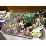 Tray of glassware & china including vintage Babycham glasses, modern pottery figures etc