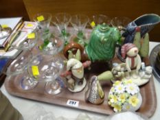 Tray of glassware & china including vintage Babycham glasses, modern pottery figures etc