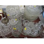 A large tray of cut glass & pressed glass including decanters, bowls & dressing table set