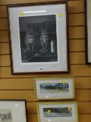 A print of two cats entitled 'What Bird?', signed by SHIRLEY JONES together with two small prints