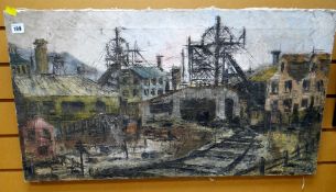 An unframed painting on canvas of a colliery scene