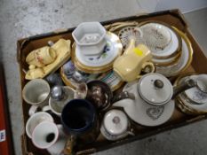 A box of mugs, plates, teapot & general china ware