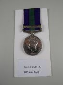 A GEORGE VI GENERAL SERVICE MEDAL single clasp Palestine, engraved to Gnr.D G Smith R.A 80/L.A.A.