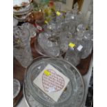 Tray of various mainly pressed glass items including bowls, decanters, drinking glasses etc