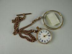 A 9ct gold Albert chain with T-bar together with a ladies pocket watch, 51.4 grms overall approx.