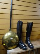 Pair of Aigle size 9 riding boots & a brass metal-handled brass warming pan