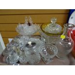 A tray of mainly pressed glass, condiment sets, bowls, part dressing table set etc