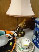 A Royal Stafford gilt metal song bird table lamp together with a Royal Worcester Chinese decorated