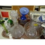 Tray of cut glass including decanter, coloured glass vases etc