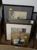 A box of prints, etchings & engravings including a set of six Japanese scenes in wooden frames