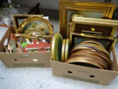 Two boxes of modern small painted plaques of flowers together with photographs & frames etc
