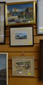 Two small watercolours of harbour scenes together with a small oil on canvas