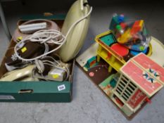 A child's plastic garage set together with several telephones & a glass light shade