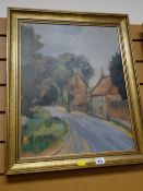 An oil on board of a street scene with cottages