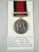 EDWARD VII NATAL NATIVE REBELLION MEDAL with 1906 clasp engraved TPR W F Young, Natal Police (with