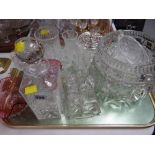 A tray of various mainly cut glass including decanter, drinking glasses, large fruit bowl etc