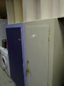 A painted two-door wardrobe together with a similar single wardrobe, two small bookcases