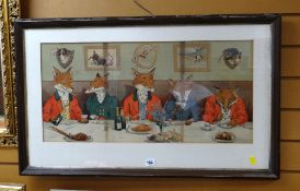 A coloured print signed HARRY B NEILSON of five comical foxes at the dinner table