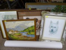 Parcel of mixed paintings, prints etc including QUINCY mixed media, canine subjects etc