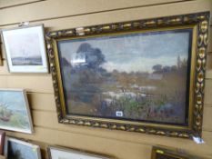 A F NEWTON framed watercolour - marshland scene with farmstead