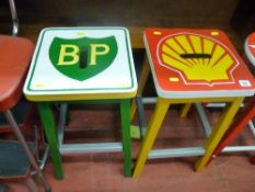 Pair of square wooden stools with painted BP and Shell emblem