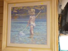 L DINGLEY oil on board - child playing in the sea