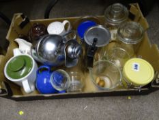 Box of mixed porcelain and glassware including provision containers etc