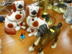 Pair of Staffs spaniels with separate front legs, Beswick horse and a glass cockerel