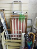 Parcel of Texas metal stepladder, ironing board, vintage deck chairs, pedal bin and contents and a