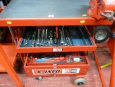 Three shelf work trolley with small No. 1 vice along with assorted tools, ring spanners,