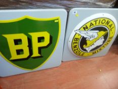 Mounted BP shield emblem along with National Benzole Mixture plaque