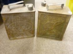 Two vintage petrol cans, one for Esso and one for Shell (label 'Aviation Spirit'
