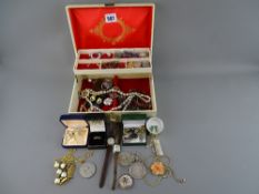 Vintage jewellery box and contents including a heavy silver ingot on chain, silver mounted