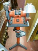 Power Devil bench grinder, model no. PDW5009 on a metal floor stand E/T