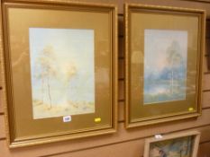 HERBERT TOMLINSON watercolours, a pair - silver birch trees and lake scenes