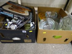 Box of metal service ware and a box of Pyrex ware etc