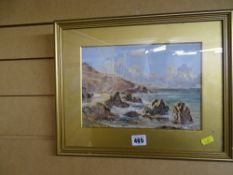 H MOXON COOK watercolour - seascape with rocky headland and figures to the foreground