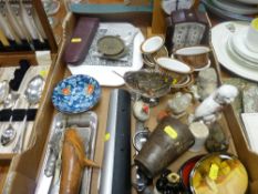 Box of mixed collectables including clocks, porcelain, old beaker etc