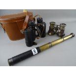 Set of Dolland, London Owlac 9x35 binoculars in carry case, a small three draw telescope and a