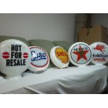 Parcel of four replica petrol pump globes by Texaco, Mobil Gas, Shell, Esso and a glass 'Not For