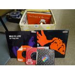 Box of LP and single records, mixed genres