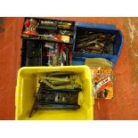 Blue metal cantilever toolbox and contents, a black plastic toolbox and contents and a tub