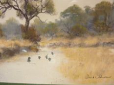 DAVID JOHNSON pastel - feeding birds in long grass and EILEEN HARRIS oil on board - farmhouse scene