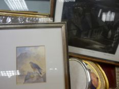 Box of paintings, prints etc including a PHILLIP SNOW watercolour - bird of prey