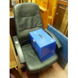 Black office swivel chair, blue metal case etc