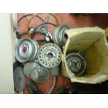 Set of four possibly Mini steel rim hubcaps and steering wheels etc