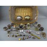 Basket of mainly metalware items including an Acme whistle, EPNS napkin rings, thimbles etc